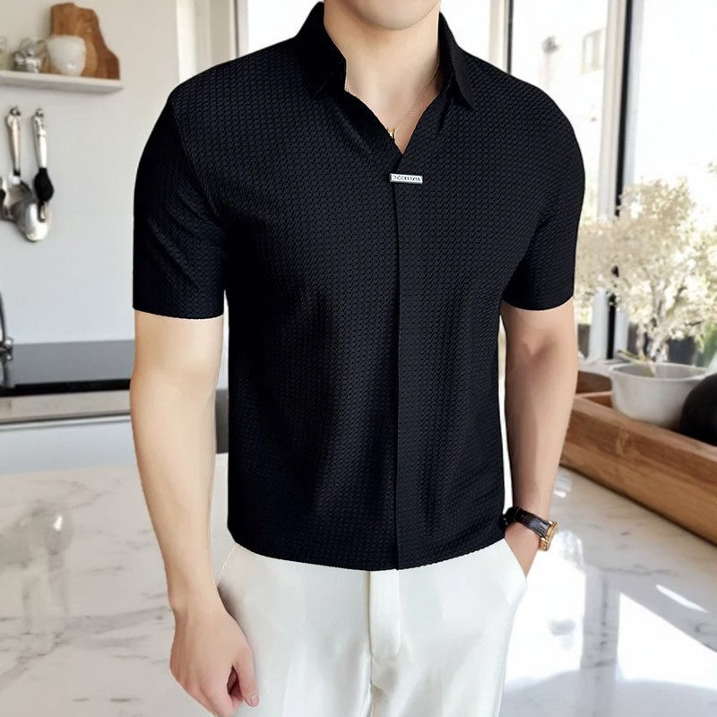 Men's Polo Shirt - Slim Fit Textured with V-Neck Placket - Point Collar and Metal Badge