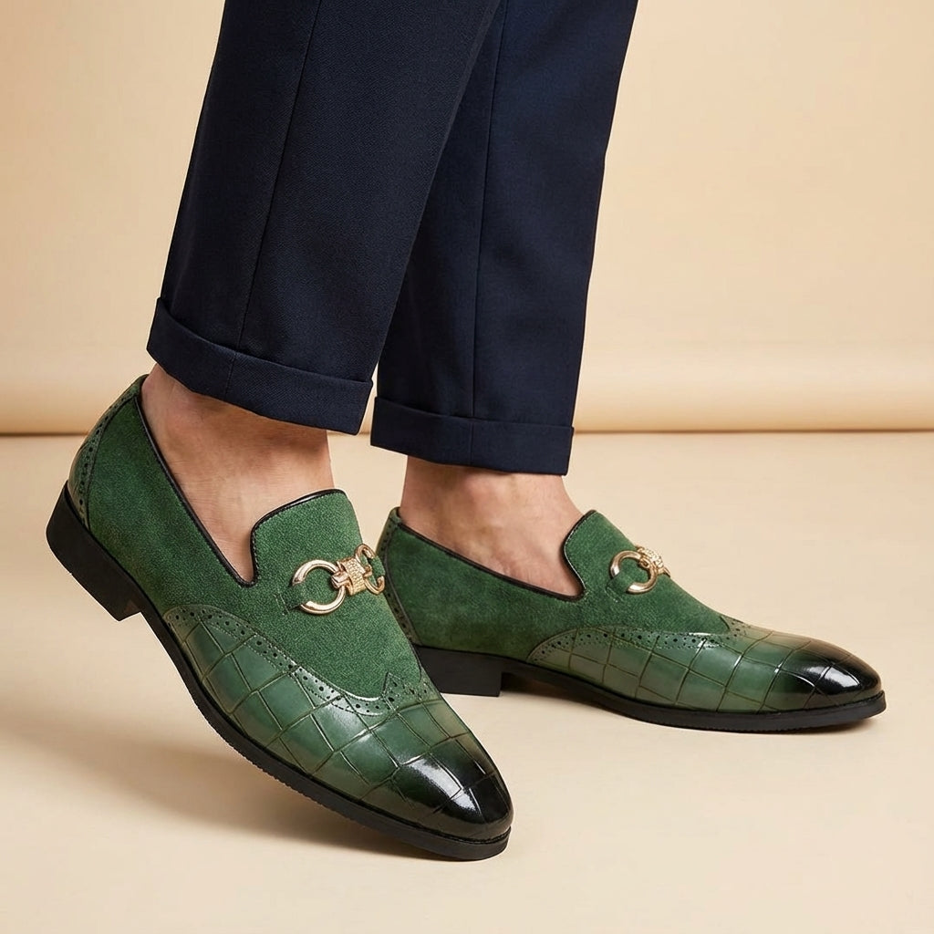 Men's Loafers - Slip On Dress Shoes with Brogue Detail - Metal Horsebit Buckle