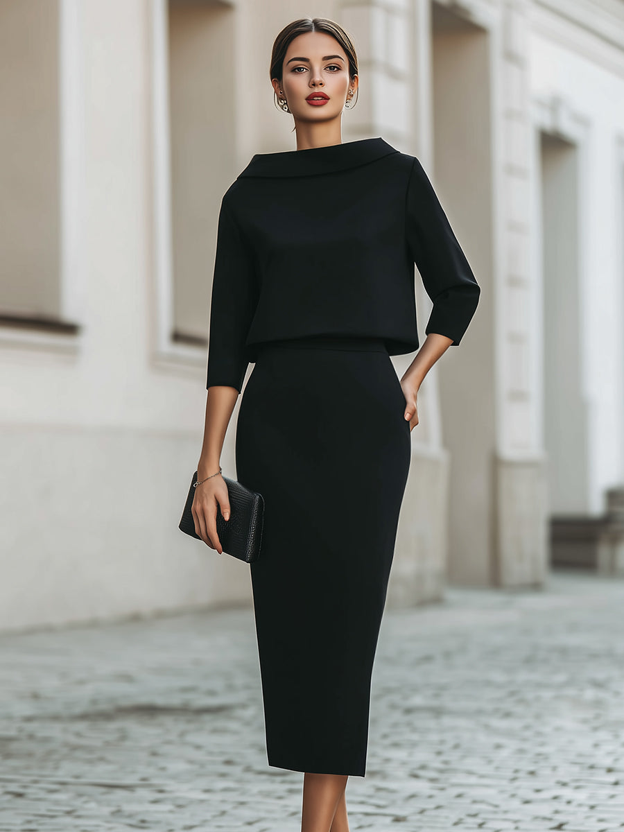 Women's Two Piece Skirt Set - Boat Neck Crop Top and Bodycon Midi Skirt - Three-Quarter Sleeves