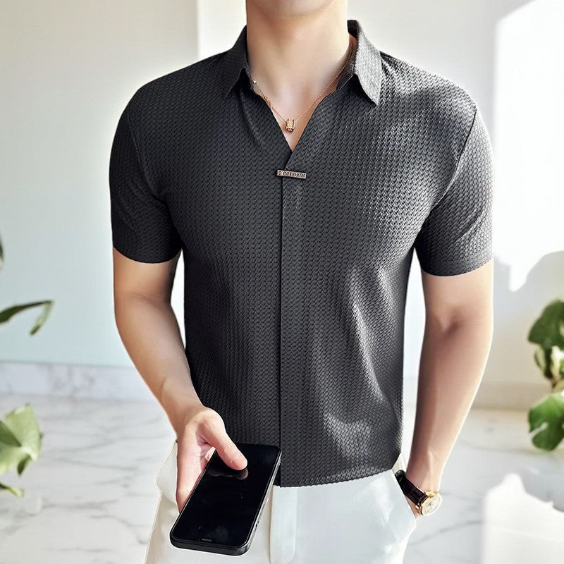 Men's Polo Shirt - Slim Fit Textured with V-Neck Placket - Point Collar and Metal Badge
