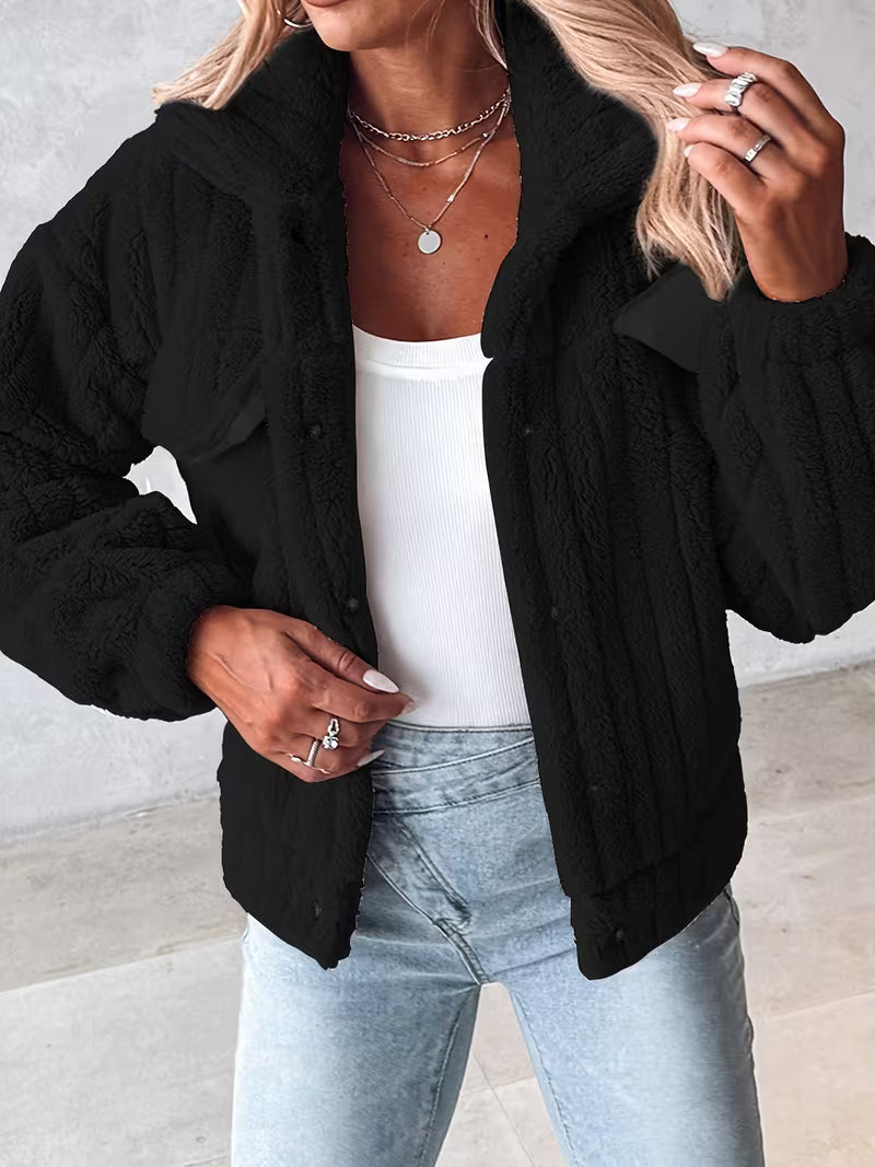 Women's Faux Fur Coat - Cropped Open Front Teddy Fleece with Chest Pockets