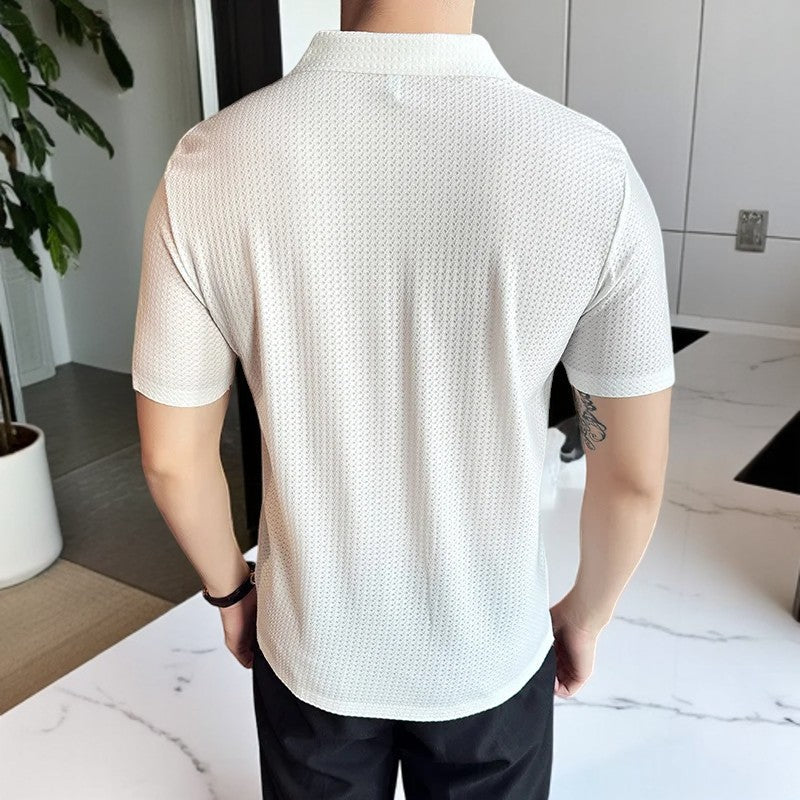 Men's Polo Shirt - Slim Fit Textured with V-Neck Placket - Point Collar and Metal Badge