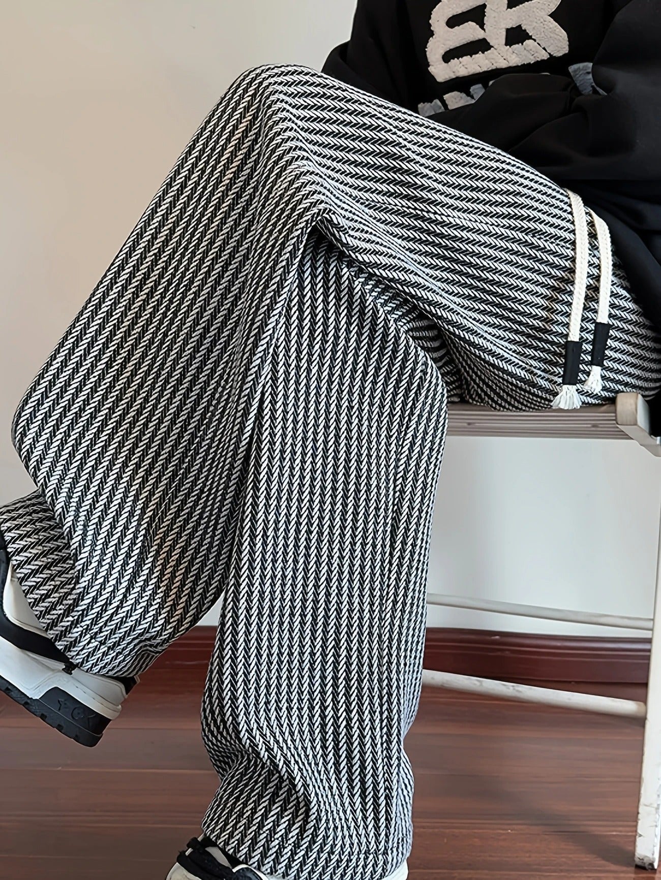 Men's Wide Leg Pants - Herringbone Pattern - Drawstring Waist