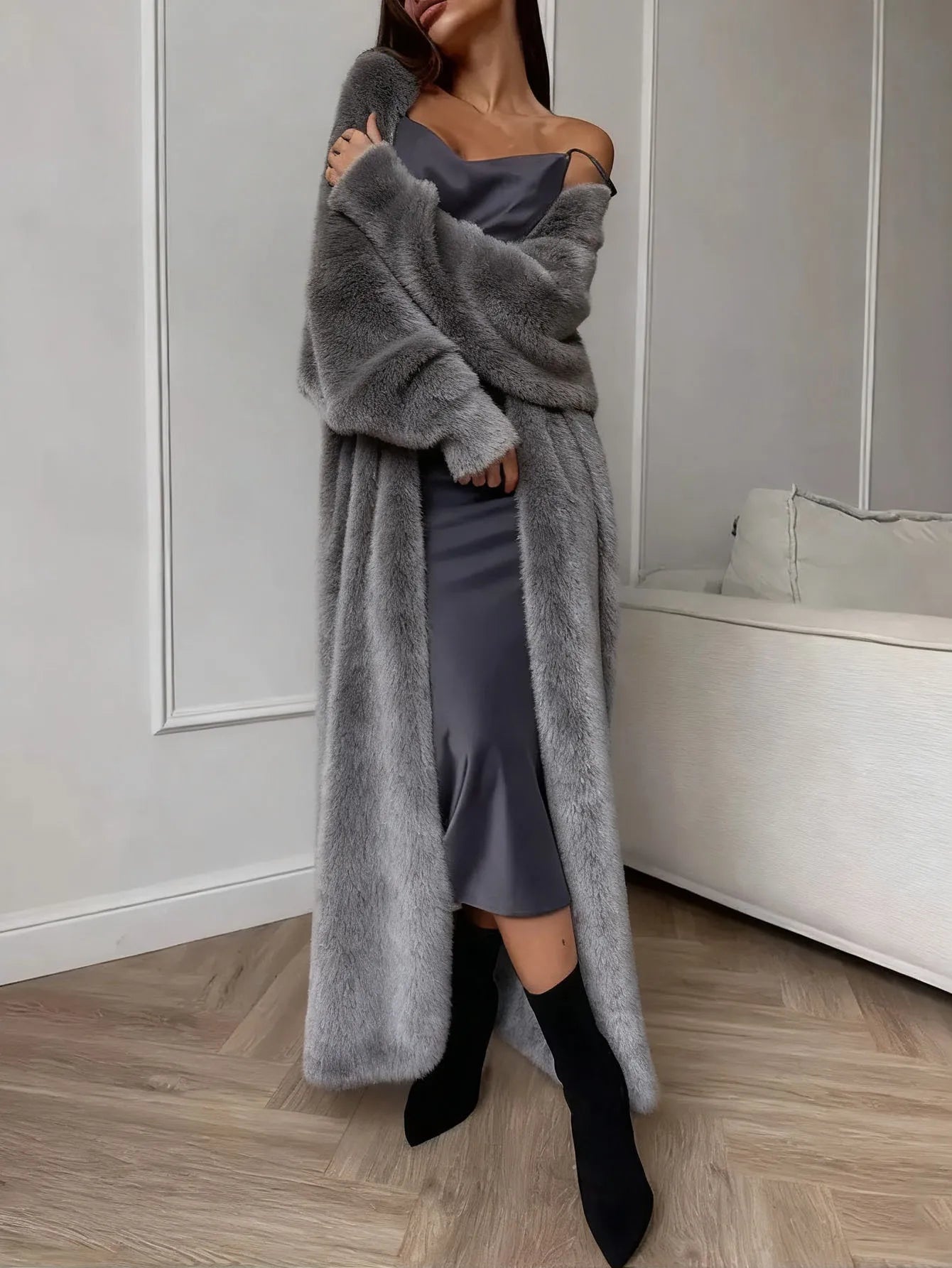 Women’s Long Faux Fur Coat – Open Front Plush Maxi Coat with Relaxed Fit