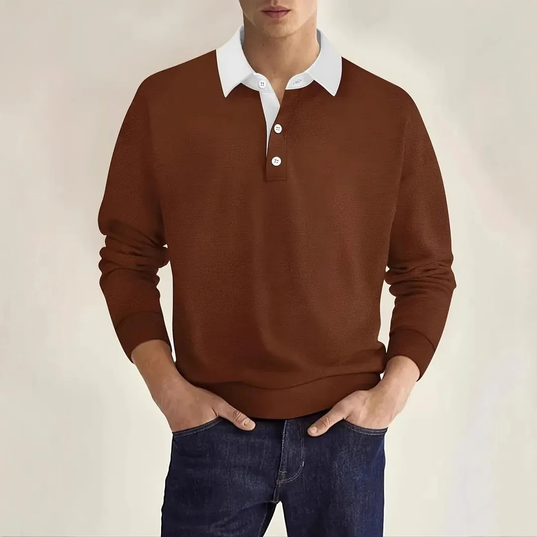 Men’s Long-Sleeve Knit Polo Shirt – Contrast Collar