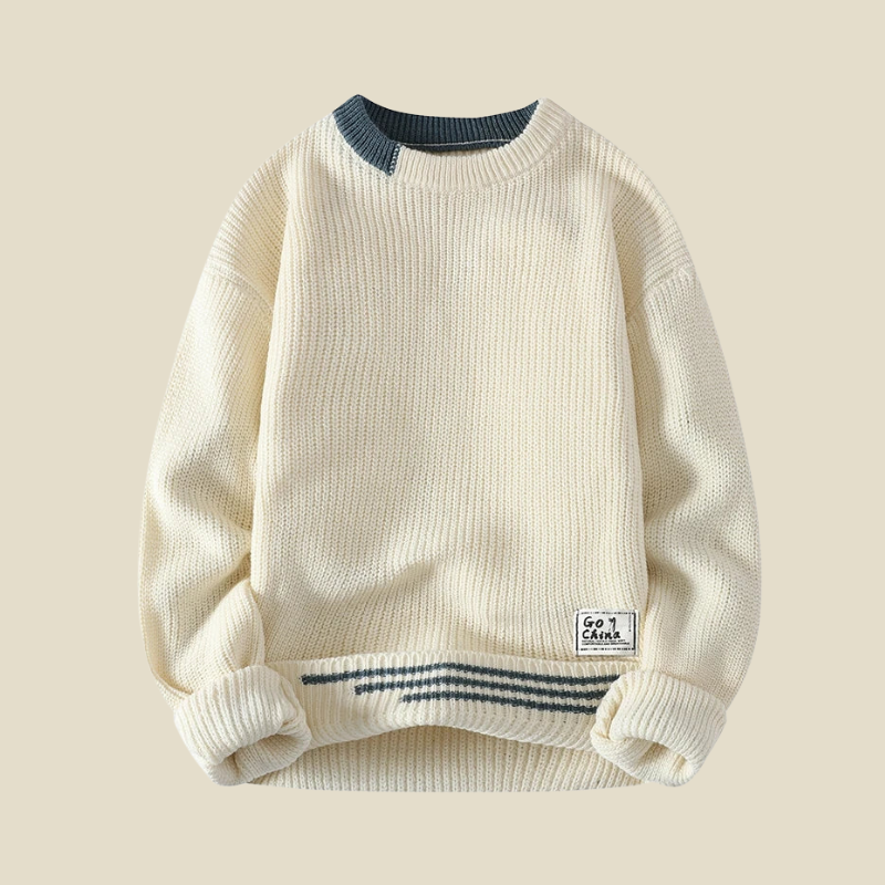 Men’s Ribbed Knit Sweater with Contrast Collar and Cuff Trim