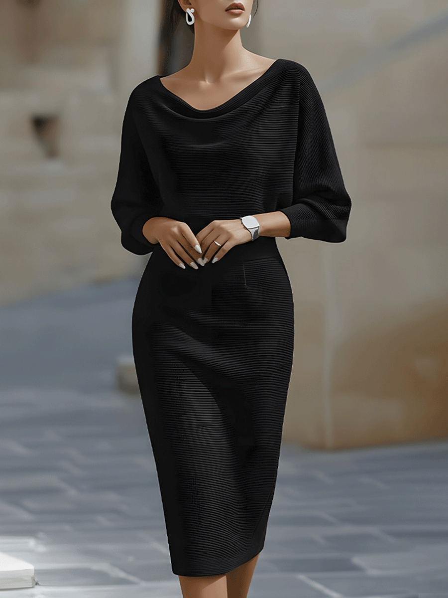 Women's Bodycon Midi Dress - Cowl Neck Batwing Sleeve with Back Zip and Hem Slit