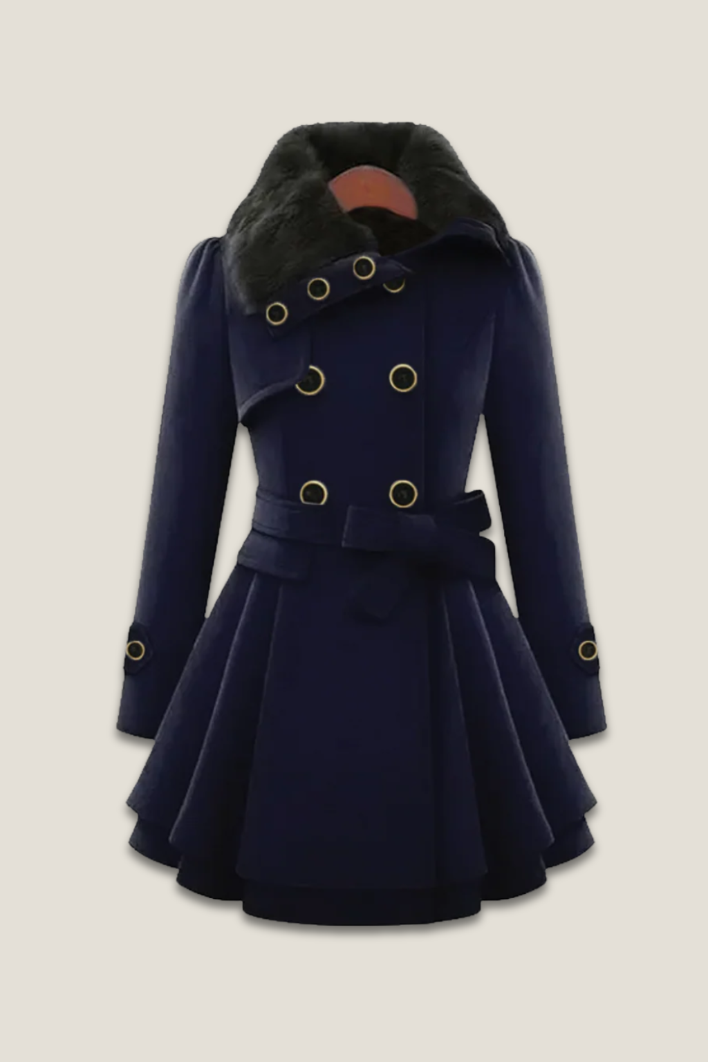 Women’s Double-Breasted Mid-Length Coat – Belted Flared Hem with Faux Fur Collar