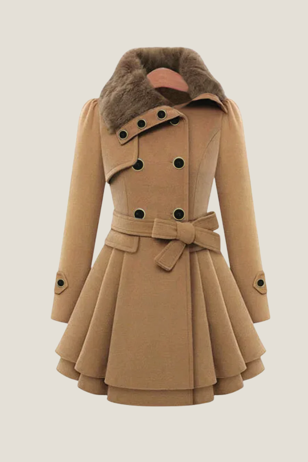 Women’s Double-Breasted Mid-Length Coat – Belted Flared Hem with Faux Fur Collar