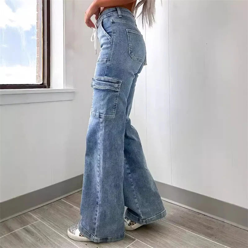 Women's Wide Leg Cargo Jeans - High Waist Drawstring with Flap Thigh Pockets