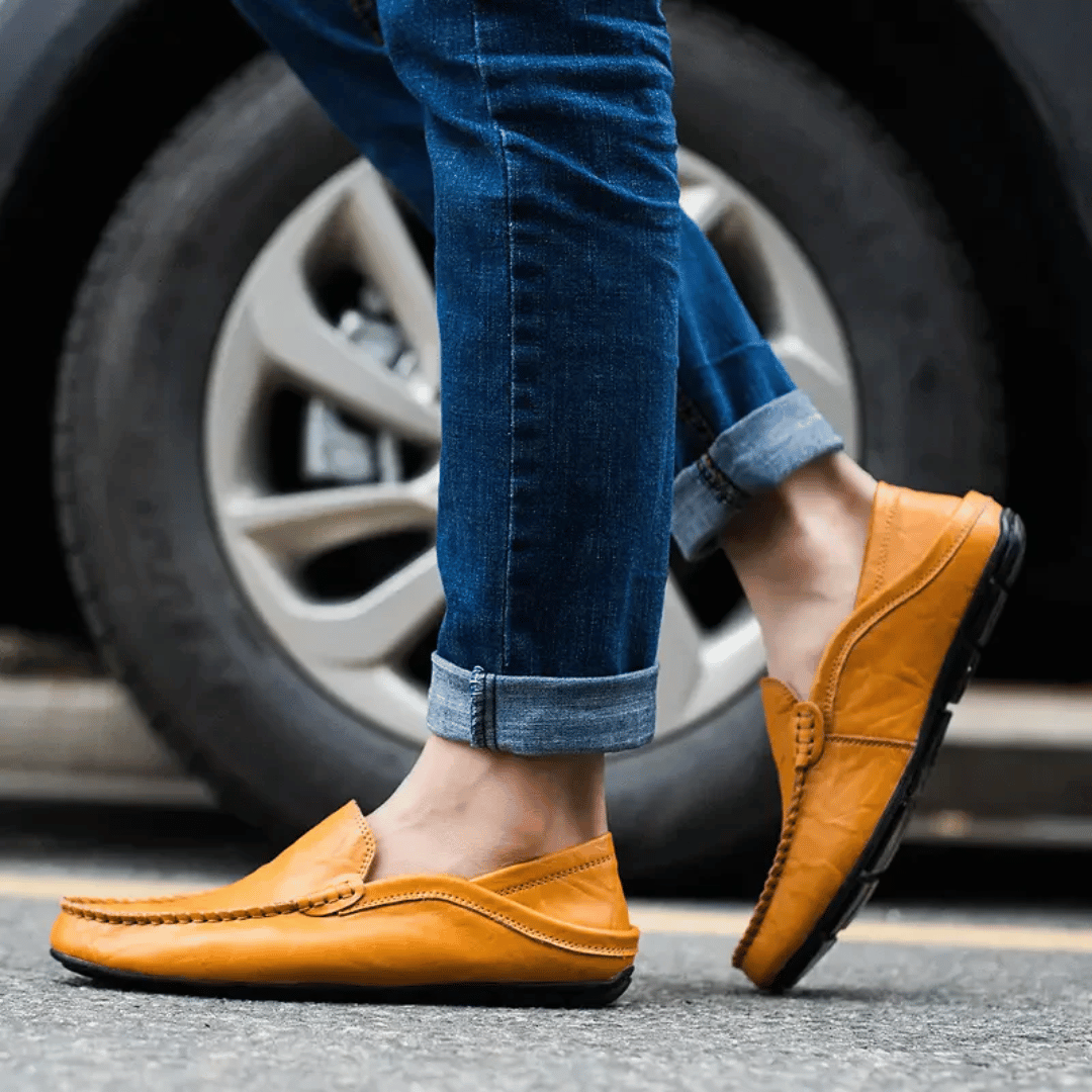 Men's Casual Loafers - Slip-On Moccasin Toe with Topstitched Apron and Flat Sole
