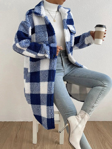 Women's Plaid Longline Coat - Button Up Check Oversized Jacket