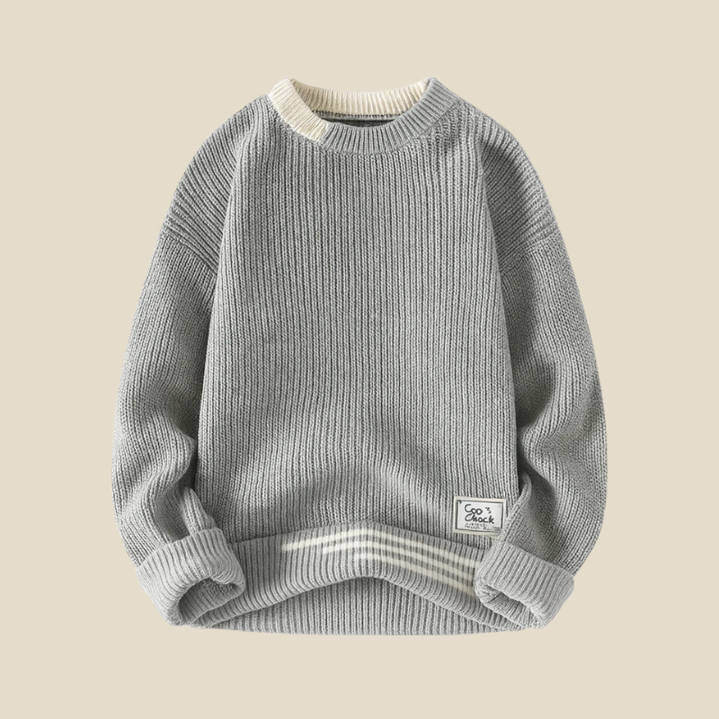 Men’s Ribbed Knit Sweater with Contrast Collar and Cuff Trim