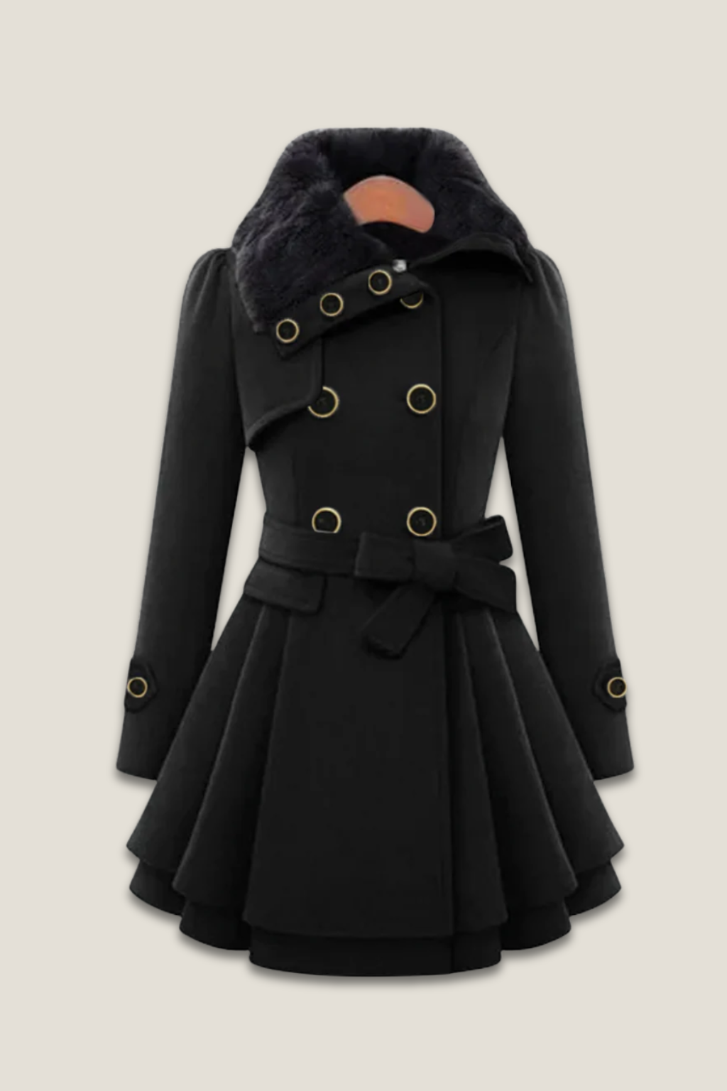 Women’s Double-Breasted Mid-Length Coat – Belted Flared Hem with Faux Fur Collar
