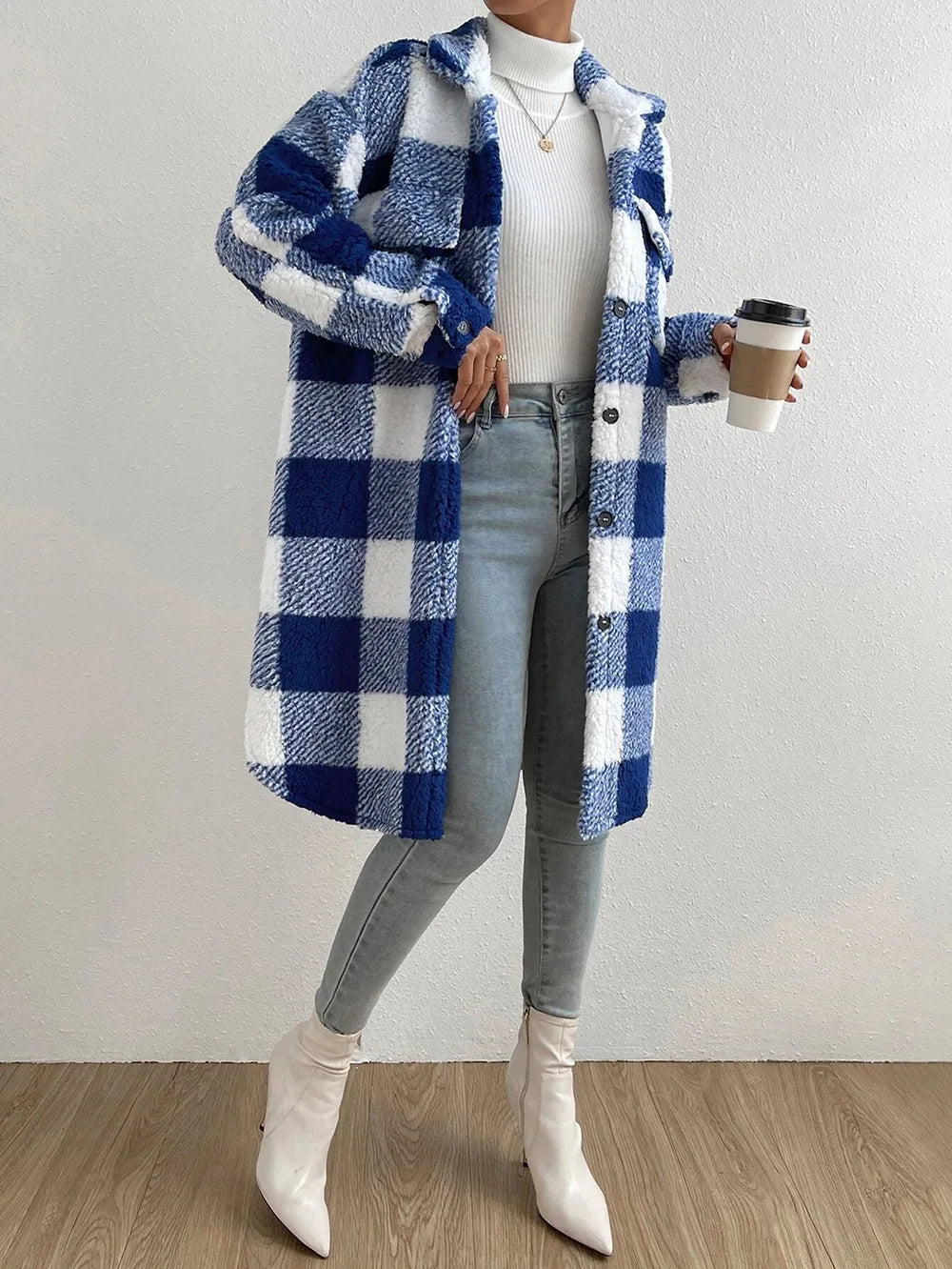 Women's Plaid Longline Coat - Button Up Check Oversized Jacket