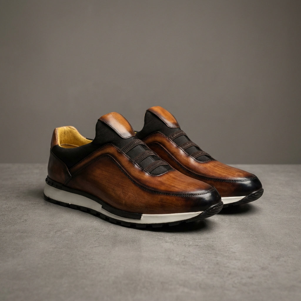 Men's Leather Sneakers - Slip On Casual Shoes with Elastic Panel and Contrast Sole