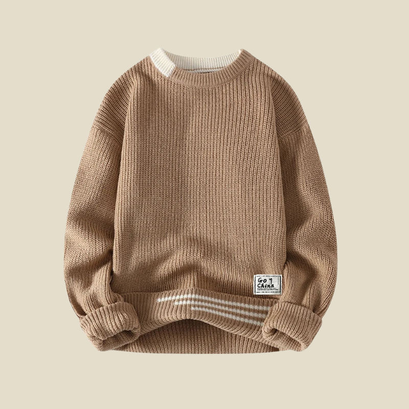 Men’s Ribbed Knit Sweater with Contrast Collar and Cuff Trim