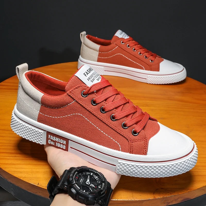 Men's Casual Sneakers - Lace-Up Low Top with Contrast Toe Cap - Colour Block Upper and White Sole