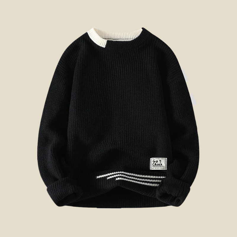 Men’s Ribbed Knit Sweater with Contrast Collar and Cuff Trim