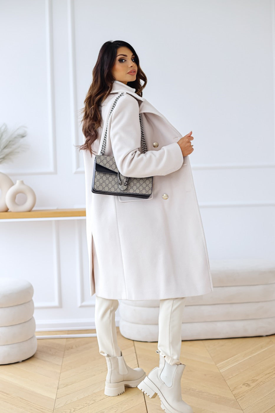 Women's Longline Double Breasted Coat - Notched Lapel - Gold Button - Side Slit