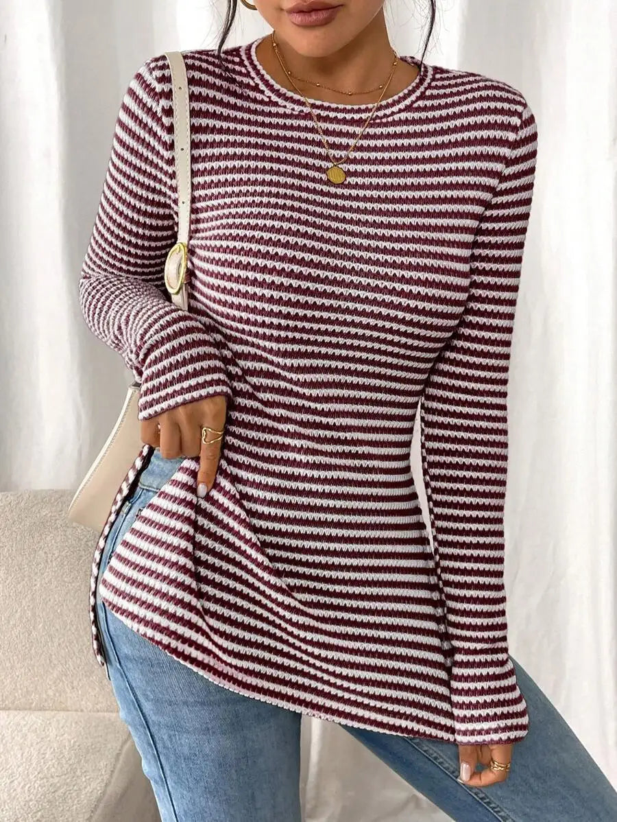 Women's Knit Top - Crew Neck Long Sleeve Stripe with Peplum Hem and Side Splits