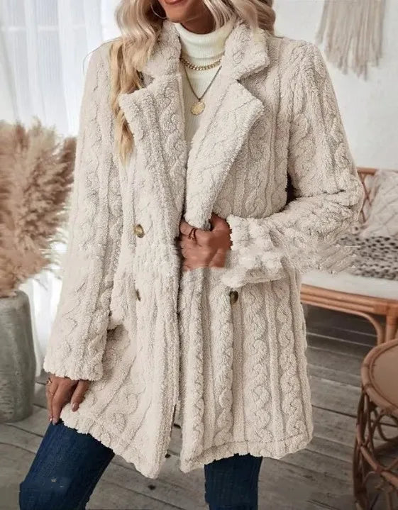 Women's Coat - Double Breasted Notch Lapel Cable Texture Midi