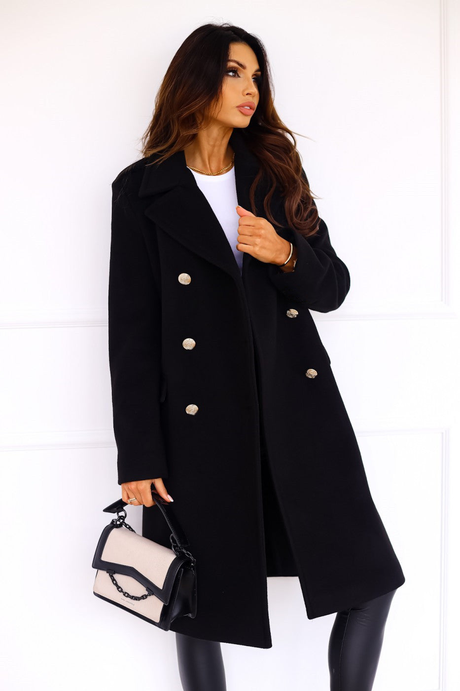 Women's Longline Double Breasted Coat - Notched Lapel - Gold Button - Side Slit