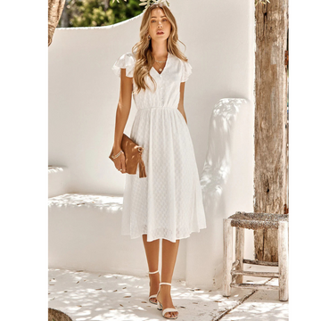 Women's A-Line Midi Dress - V-Neck Flutter Sleeve Button Front