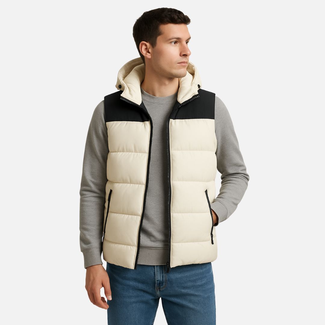 Men's Padded Hooded Vest - Full Zip - Contrast Panel