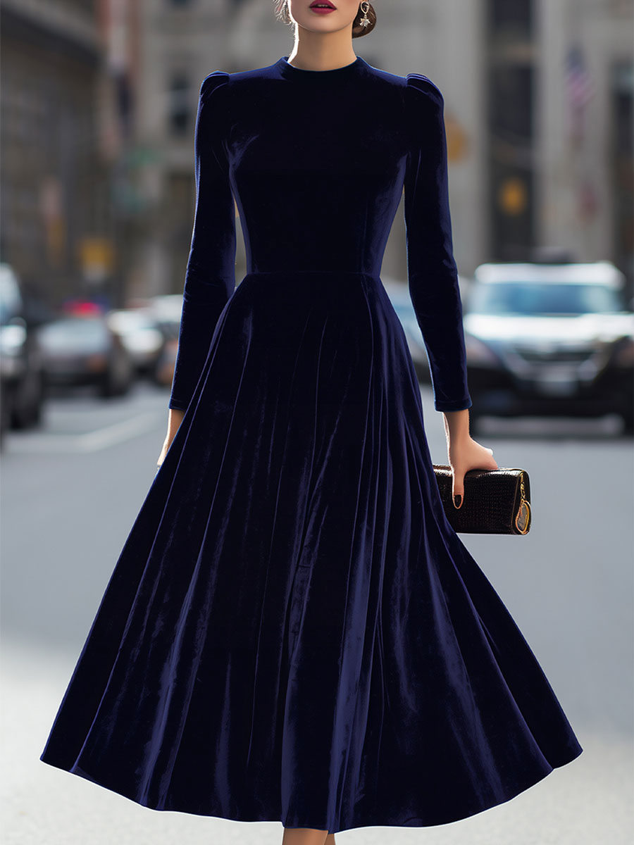 Women's Velvet Midi Dress - High Neck Long Sleeve A-Line with Puff Shoulders and Back Zip