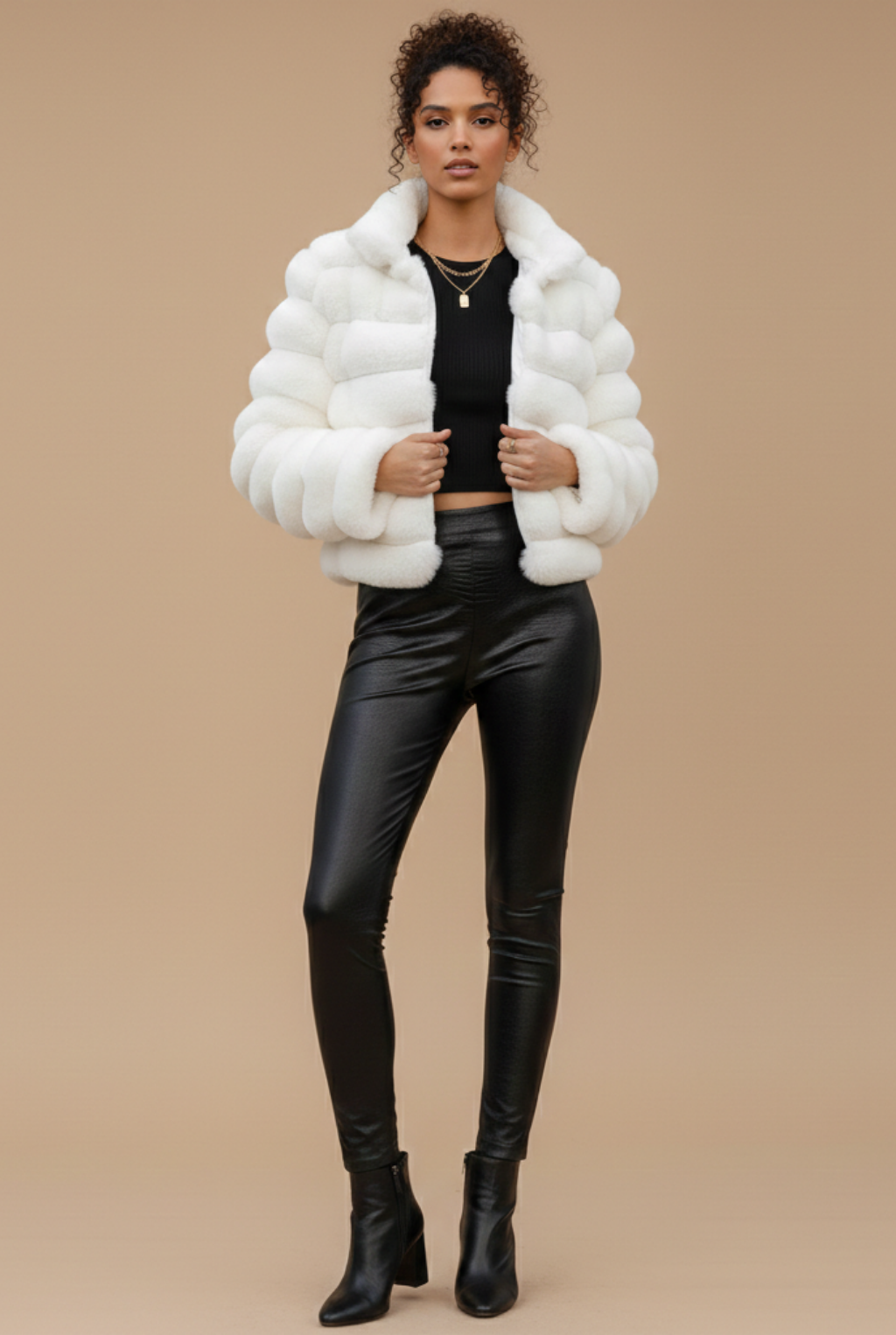 Women’s Short Faux Fur Jacket – Cropped Padded Coat with Stand Collar and Open Front