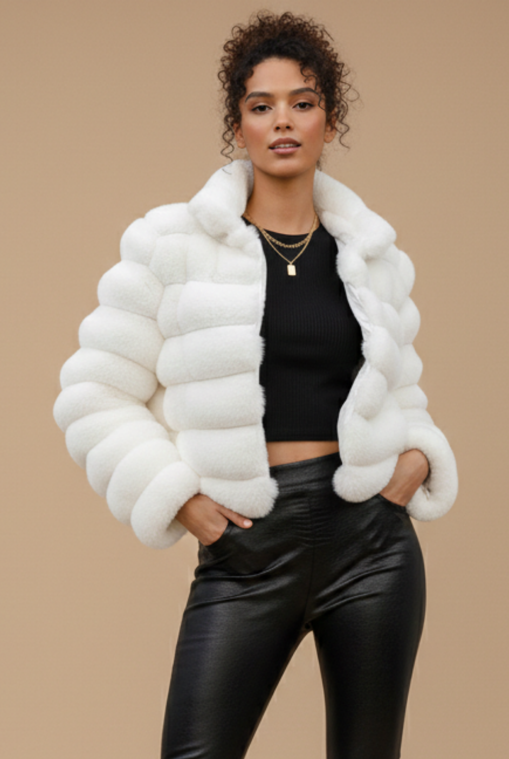 Women’s Short Faux Fur Jacket – Cropped Padded Coat with Stand Collar and Open Front