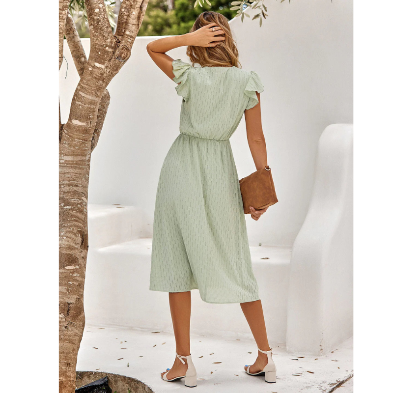 Women's A-Line Midi Dress - V-Neck Flutter Sleeve Button Front