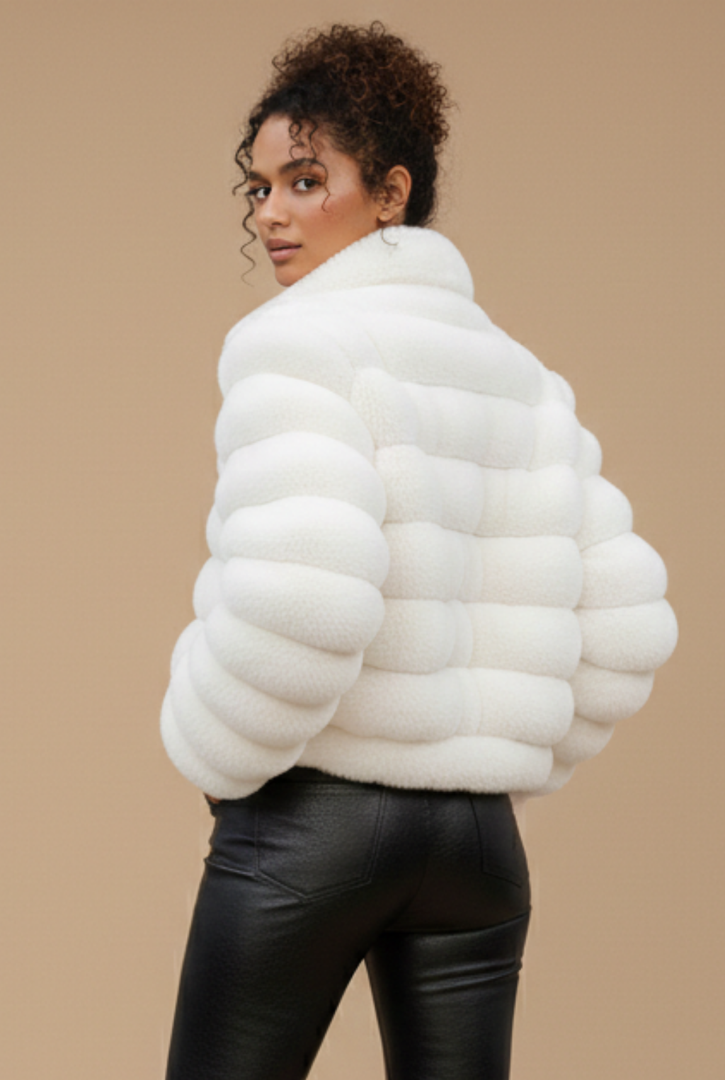 Women’s Short Faux Fur Jacket – Cropped Padded Coat with Stand Collar and Open Front