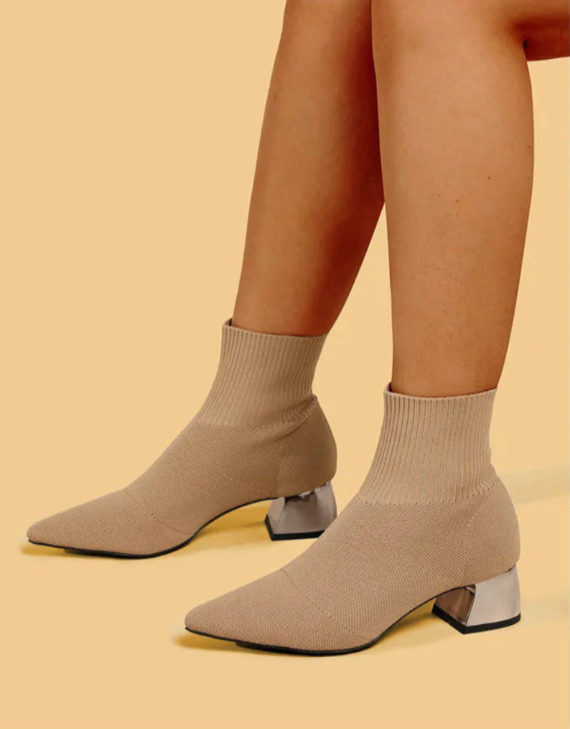 Women’s Pointed Toe Knit Ankle Boots – Block Heel Sock Style