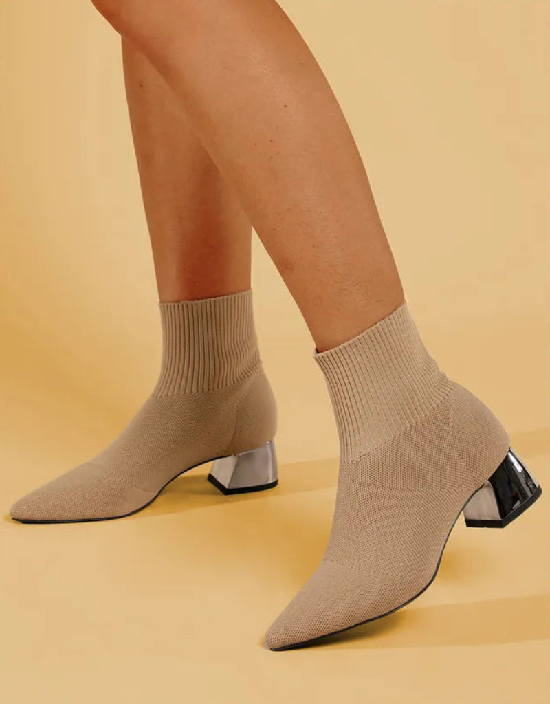 Women’s Pointed Toe Knit Ankle Boots – Block Heel Sock Style