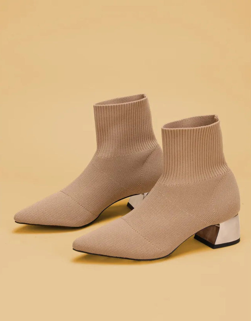 Women’s Pointed Toe Knit Ankle Boots – Block Heel Sock Style