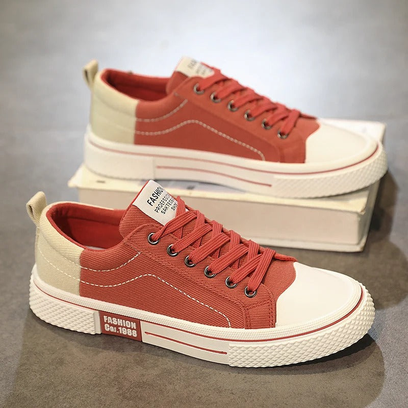 Men's Casual Sneakers - Lace-Up Low Top with Contrast Toe Cap - Colour Block Upper and White Sole