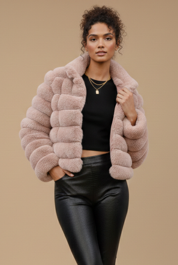 Women’s Short Faux Fur Jacket – Cropped Padded Coat with Stand Collar and Open Front