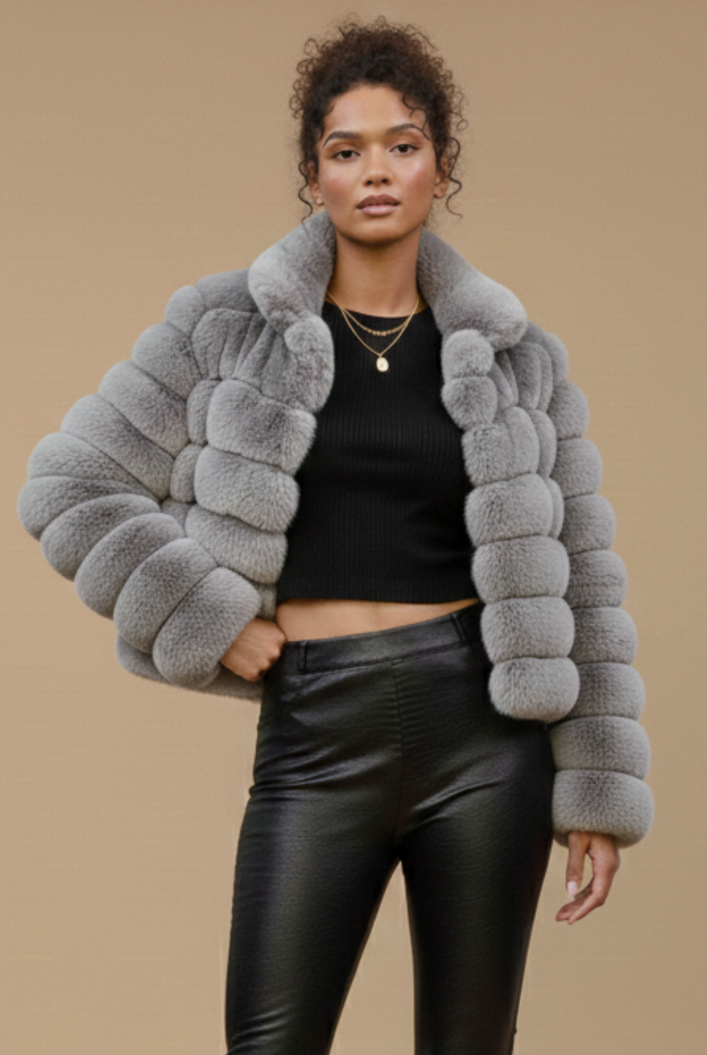 Women’s Short Faux Fur Jacket – Cropped Padded Coat with Stand Collar and Open Front