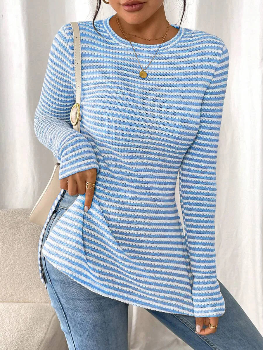 Women's Knit Top - Crew Neck Long Sleeve Stripe with Peplum Hem and Side Splits