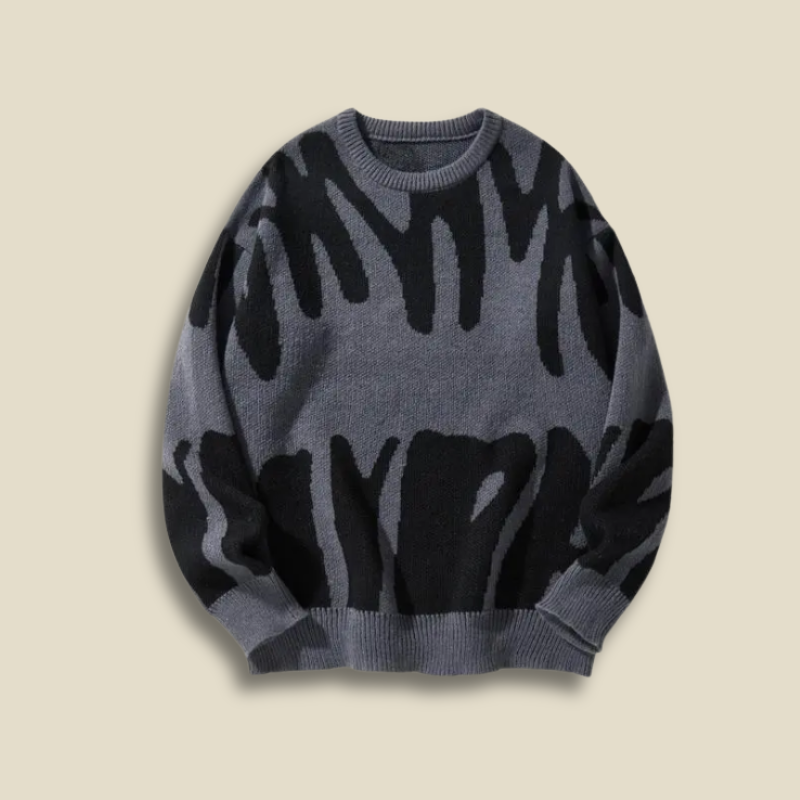 Men’s Crew Neck Knitted Jumper – Long Sleeve Abstract Pattern Pullover with Ribbed Cuffs