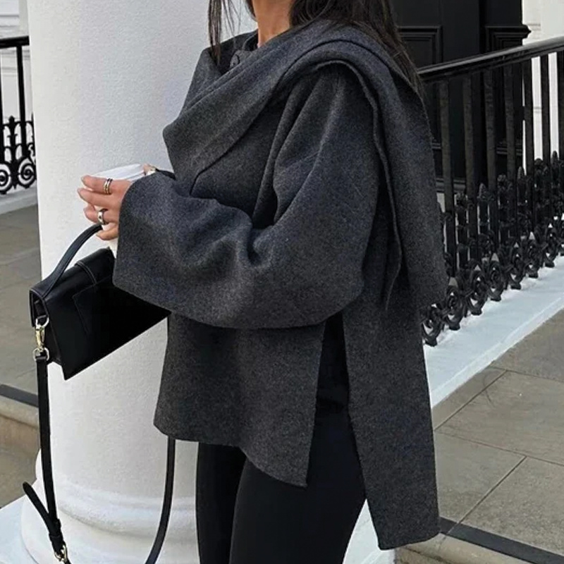 Women’s Asymmetrical Coat – Wide Sleeve Short Overcoat with Draped Scarf Collar
