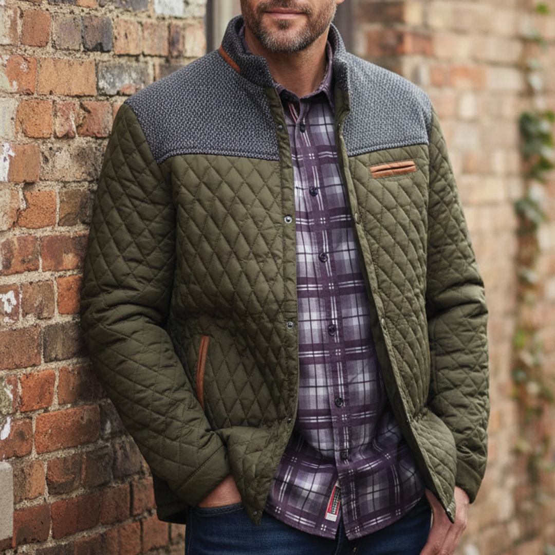Men’s Quilted Jacket – Snap Button Front Casual Coat with Stand Collar and Contrast Panels