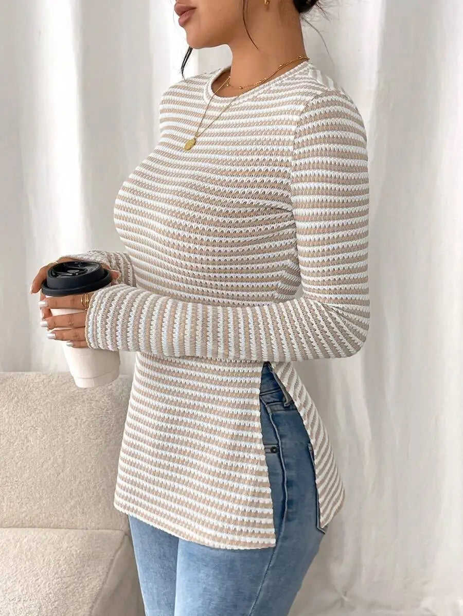Women's Knit Top - Crew Neck Long Sleeve Stripe with Peplum Hem and Side Splits