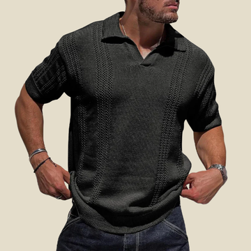 Men's Knit Polo Shirt - V-Neck Short Sleeve Stripe Texture