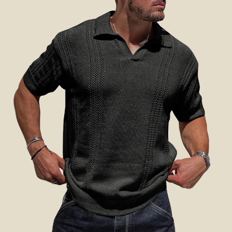 Men's Knit Polo Shirt - V-Neck Short Sleeve Stripe Texture