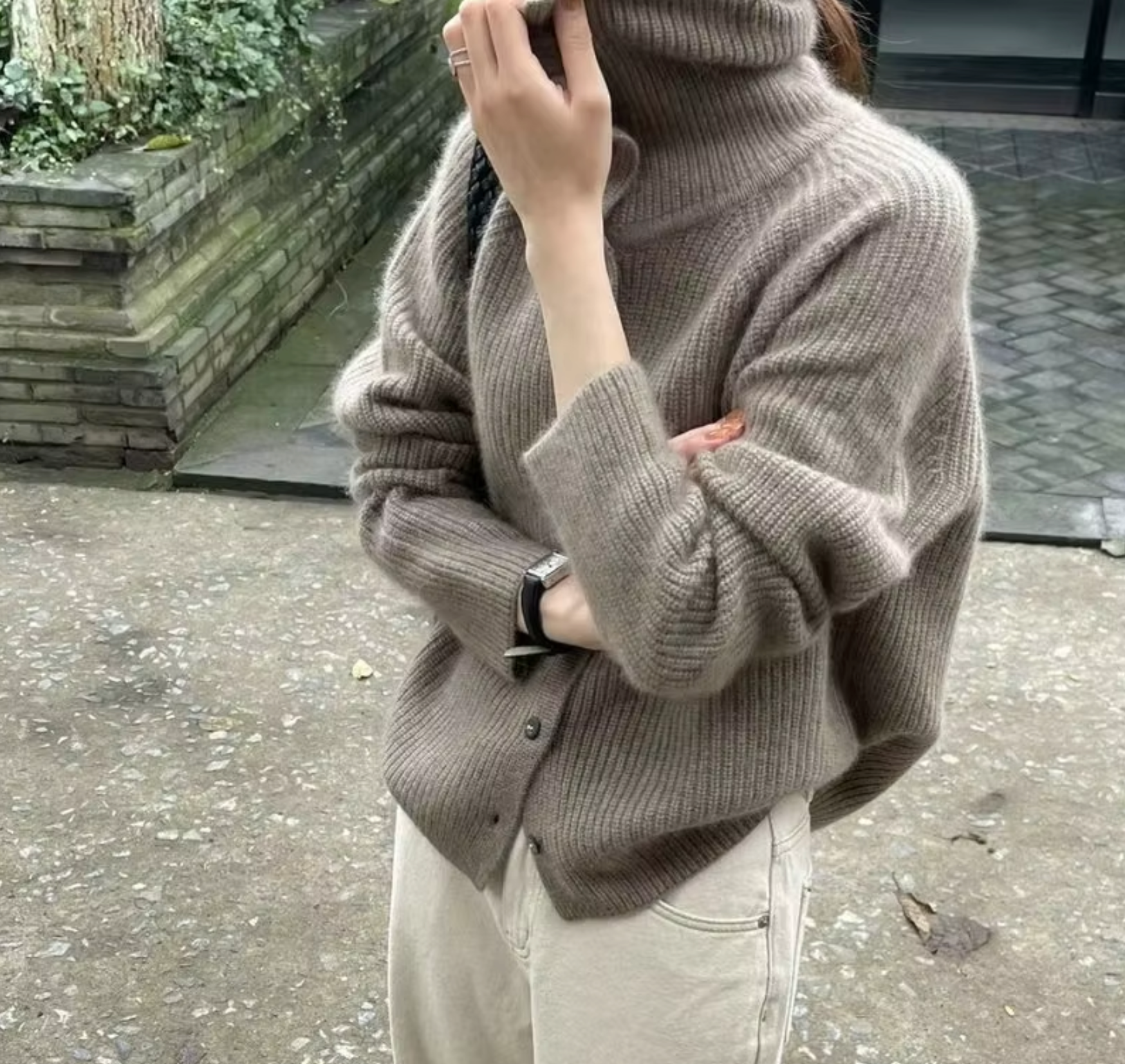 Women's Knit Sweater - Oversized Turtleneck with Button Front and Ribbed Texture
