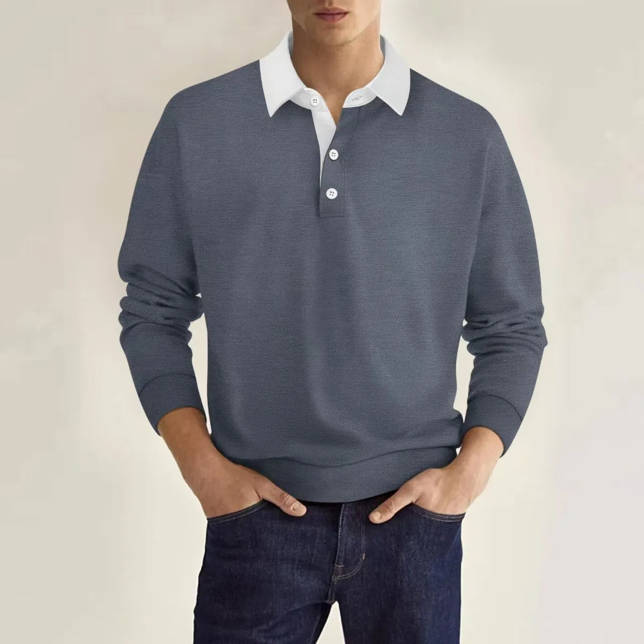 Men’s Long-Sleeve Knit Polo Shirt – Contrast Collar