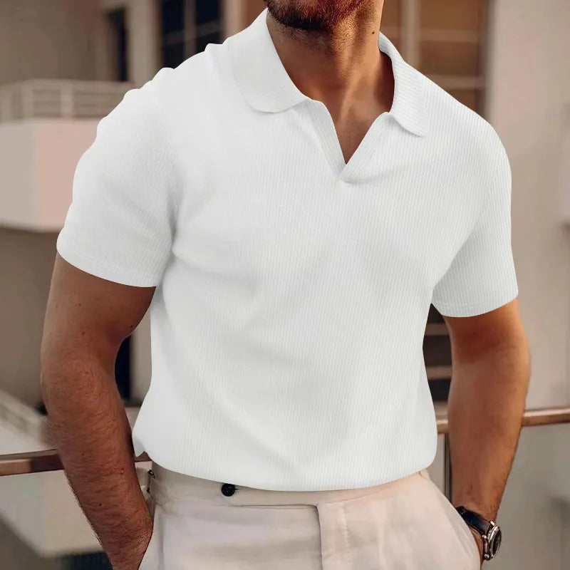 Men's Polo Tees - Short Sleeve Open Collar Waffle Texture Shirt